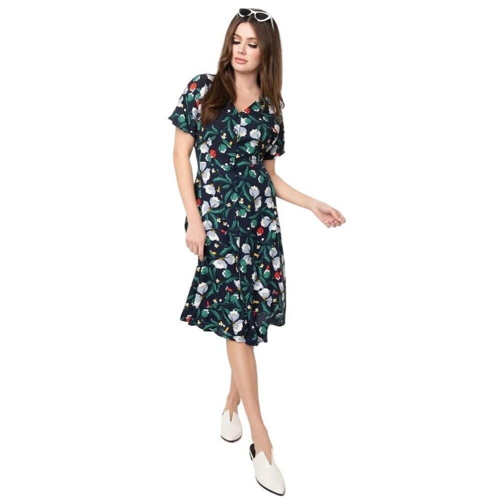 NWT Button Front Navy Floral Midi Dress S